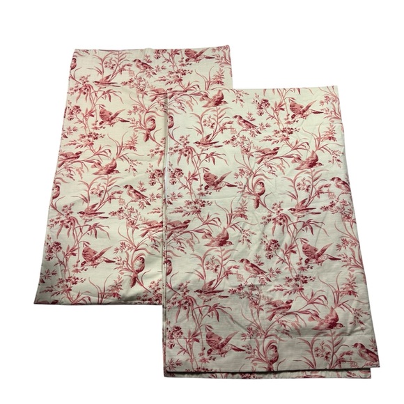 Aviary Toile Fabric Linen Blend Cream/Red Set of 2 Blackout Curtains 83"x52" EUC - Picture 1 of 6